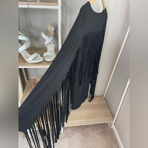 Black long sleeve stretchy fringe bodycon dress